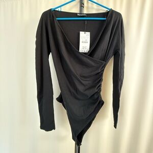 Zara Black Asymmetrical Ruched Bodysuit